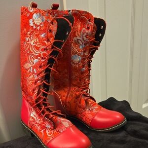 Floral Red Lace-Up Boots